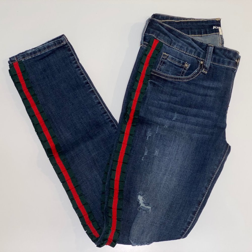 Green and Red Gucci Ribbon Ripped jeans